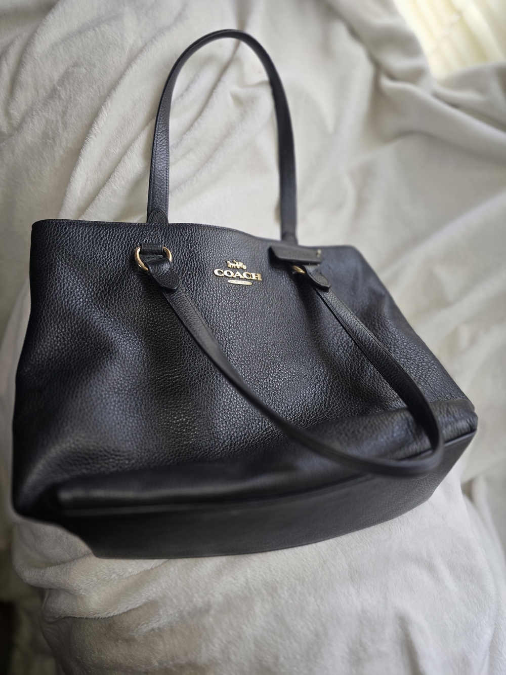 Coach Black Pebbled Leather Tote with Gold Logo